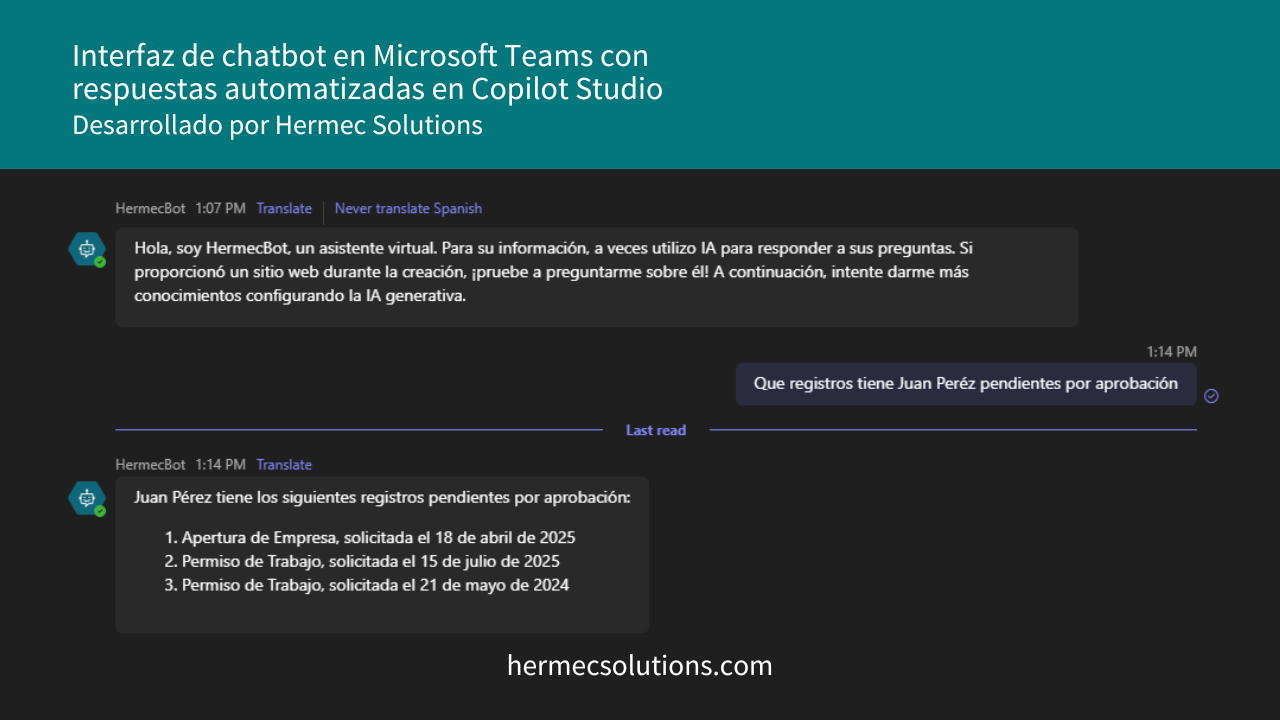 Interfaz de chatbot en Microsoft Teams con respuestas automatizadas en Copilot Studio