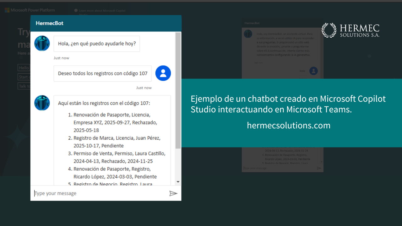 Chatbot HermecBot en Microsoft Copilot Studio mostrando registros automatizados en Teams